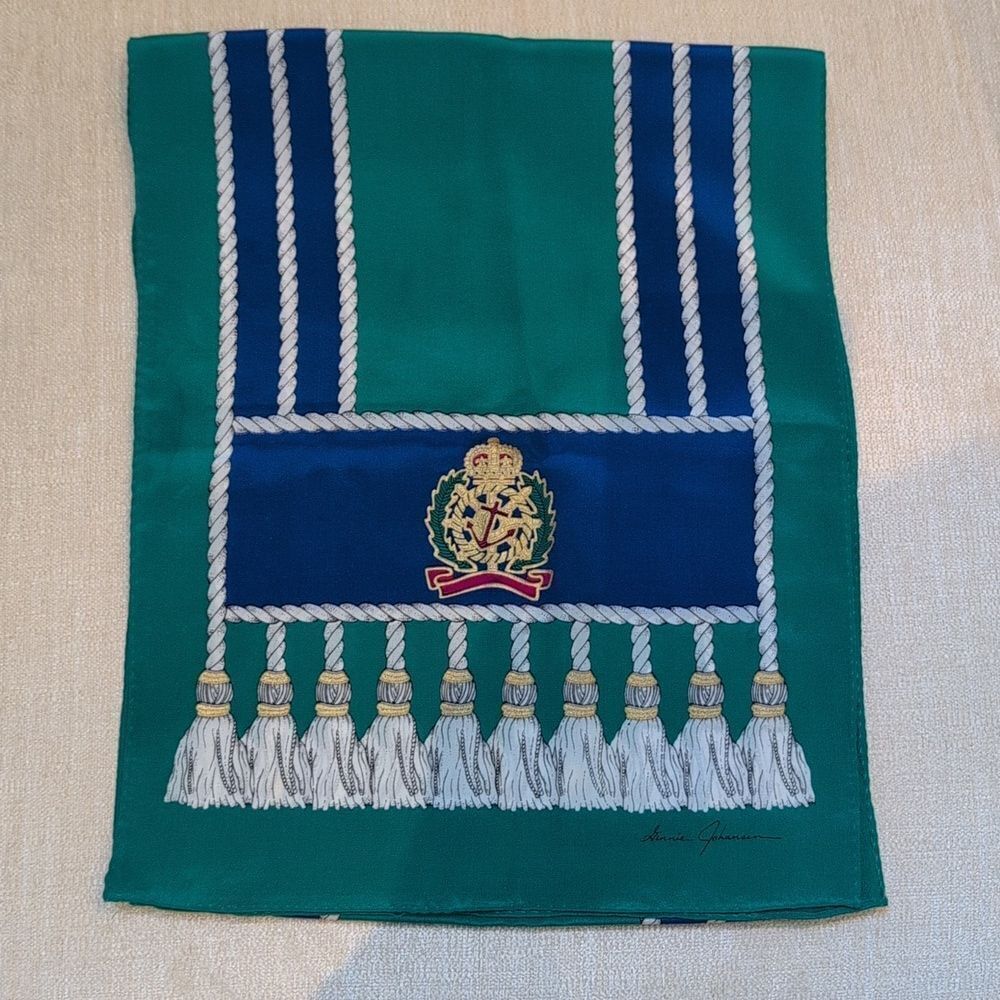 Vintage Ginnie Johansen Green & Blue Silk Scarf with Nautical Crest Signed